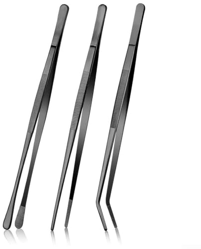 Juego de 3 pinzas negras para barbacoa de 10 pulgadas para asar a la parrilla, pinzas de acero inoxidable 430 con agarre antideslizante, utensilios de cocina multifuncionales (puntiagudos/redondos