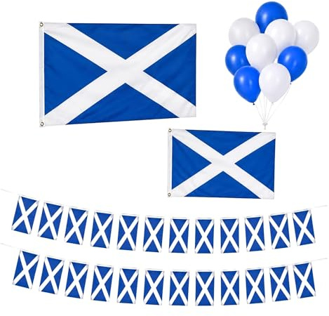 Set med 28 st Skottland partypaket för FIFA 2026 VM – 20 x 152 cm skotsk flagga, 10 m/33 fot 25 flaggor flaggor flaggväv och 25 blå vita ballonger fotbollsdekorationer för gatumfiranden
