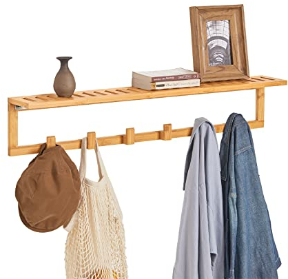 SoBuy® FHK06-N Flurgarderobe Badregal Wandgarderobe mit 6 Haken und Ablage Handtuchhalter aus Bambus BHT ca: 90x16,5x12,5cm
