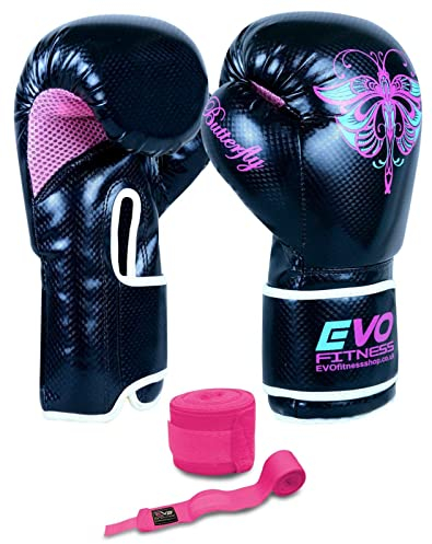 EVO Fitness Matte Black Boxing Gloves MMA Muay Thai Martial Arts Kick Boxing Sparring Training Fighting Men Punch Bag Women Pink Gloves With Hand Wraps (Purple, 4 OZ)
