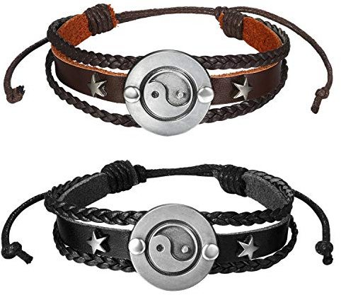 Flongo 2 st läderarmband legering Yin Yang Tai Chi flätat vänskap kärlek charm pärla färg svart brun fantasi smycken present till dam herr, 22 cm, läder