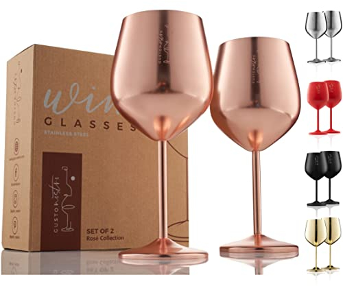 Verres à vin en acier inoxydable – gobelets incassables de 540ml pour les fêtes extérieures à la piscine,les toasts de mariage - verres élégants en or rose pour le champagne et les cocktails,Pack de 2