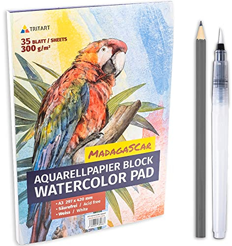 Tritart Aquarellpapier Din A3 300g/m² - Malblock A3 mit 35 Blatt - Aquarellblock zum Malen - Watercolour Paper - Aquarell Papier mit einschließlich Wassertankpinsel und Bleistift