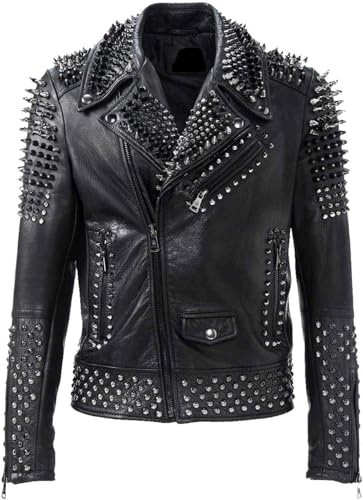 LP-FACON Brando - Chaqueta de piel de cordero para hombre, diseño de punk, color negro