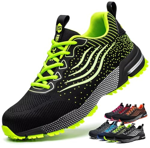 ISOOUS Zapatos de Seguridad Hombre Mujer Calzado de Trabajo Comodo Ligeros con Punta de Acero Transpirable Anti-pinchazos Verde 37