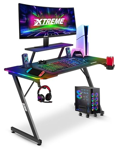 RGB 120 x 60cm Carbon Fibre Effect Gaming Desk with LED Lights Z Frame Compact PC Computer Gaming Desk with Monitor Screen Stand, Desktop Tower Stand Trolley, Cable Management 120cm x 60cm Black