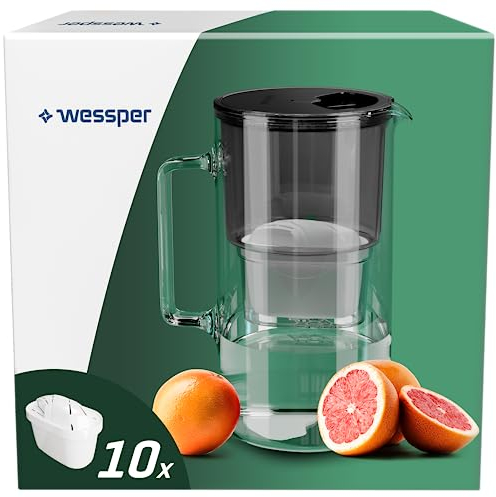 Wessper Jarra Filtradora de Agua, 3 Litros, set Jarra Agua Cristal y 10 Filtro de Agua, Compatible con Brita Maxtra, Jarra Filtrante de Agua con Filtro de Carbón Activado - Negro