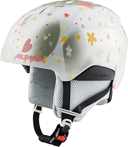ALPINA PIZI - Leichter, bruchfester & individuell anpassbarer Skihelm für Kinder, mit abnehmbaren Ohrenpolstern - pearlwhite-Hearts Gloss - S (46-51 cm)