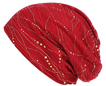 DAZISEN Womens Cotton Turban Beanie Chemo Hats - Soft Print Hair Turban Scarf Headwrap Sleep Cap for Cancer Hair Loss Alopecia Girls Ladies, Red