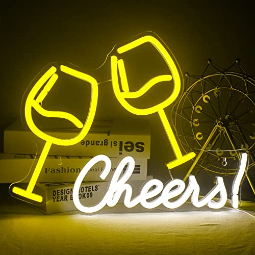 Insegna al neon Bicchiere da vino con applausi, applausi parole luce al neon, luce notturna acrilica più grande per bar sala giochi decorazione della parete matrimonio festa a casa (giallo bianco)
