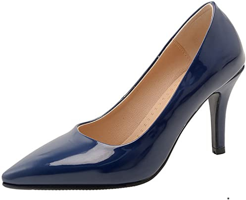 Smilice Dam slip-on klänning pumps eleganta höga klackar med spets tår, Mörkblå, 38 EU