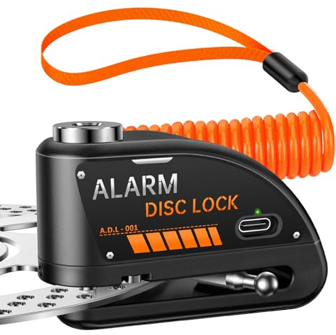 ONVIAN Motorcycle Disc Brake Lock with 120dB Alarm, Rechargeable Waterproof Motorcycle Locks Anti Theft for 7mm Motorcycle Brake Helmet Scooter Wheel Lock 5FT Reminder Cable (Black)