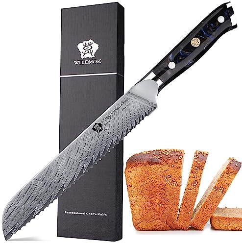 WILDMOK Coltello da pane acciaio damasco, coltello da pane seghettato da 20 cm, affilato come un rasoio. Bellissimo motivo a piume realizzato in acciaio di Damasco