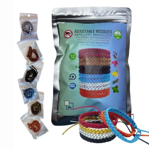 Pulseras Antimosquitos - Pulsera repelente de mosquitos -12 Bolsitas Individuales - Natural Sin DEET - Aceites Esenciales- No Toxico- Citronela - Menta - Geranio - Hierba De Limón
