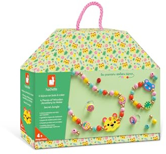 Janod, Les Ateliers Bijoux, 4 Bijoux en Bois Secret Jungle, Dès 4 Ans | 1 Collier, 1 Bracelet et 2 Bagues sur le Thème de la Jungle, Perles, Strass et Boîte Réutilisable