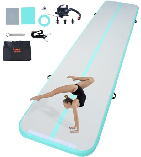 VEVOR Tapis de Gymnastique Gonflable 10 cm Épaisseur, Piste d’Acrobatie avec Pompe Électrique, Tapis d'Entraînement pour Usage Domestique/Salle de Sport/Yoga/Cheerleading/Plage/Parc, 5 m, Vert Menthe