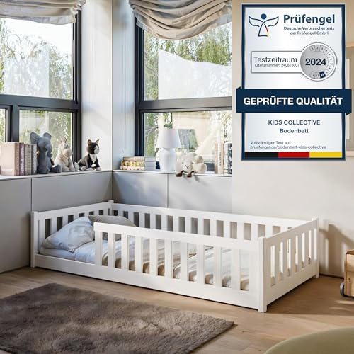 Kinderbett Bodenbett 80x180 cm Bett mit Matratze, Rausfallschutz & Lattenrost Montessori Bett Bed Gitterbett Kinder Jugendbett Einzelbett komplett Set | weiß | von 3. bis 12. Lebensjahr