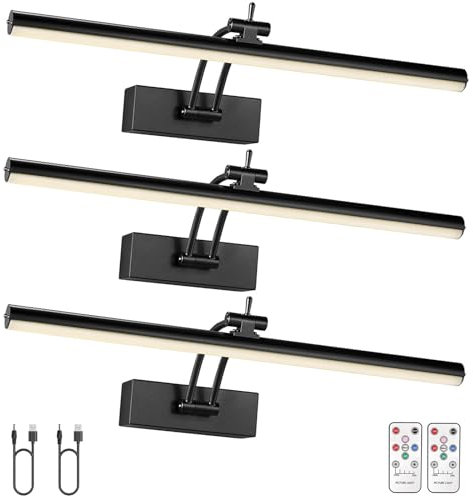 Yuichoy 3 Pack Picture Lights for Wall Battery Operated, 16 inch Wireless Art Lighting for Painting, 6 Colors Picture Frame Lights with Remote, Dimmable 5200mAh Gallery Light, Black