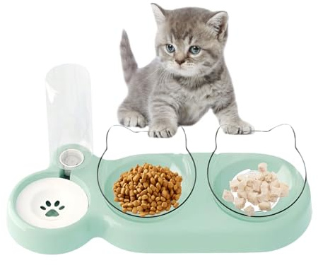 FANWINKJ Ciotola 3 in 1 per Gatti, Ciotola Rialzata con Erogatore d'Acqua e Supporto, Doppia Ciotola per Cibo Secco e Umido, Set di 3 Ciotole per Gatti