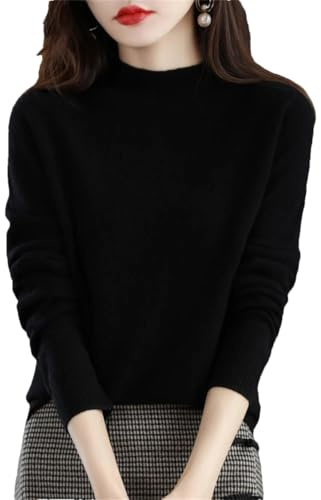 Vsadsau, maglione in lana merino 100% da donna, con collo a camicia, maniche lunghe, pullover lavorato a maglia, Nero , XL