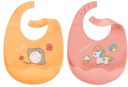 LAKJUOZ 2 Piezas Baberos Bebé Impermeables Babero Silicona Bebe Silicona Flexible Suave De 6 Meses A 6 Años Grande Ajustable Para Niño Unisex Waterproof