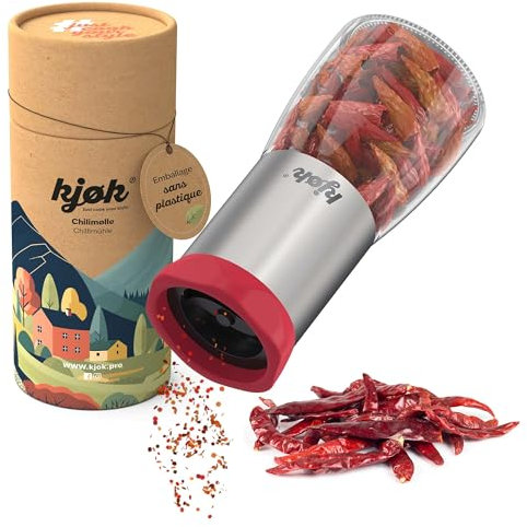 kjøk Premium Macina peperoncino in acciaio inox e vetro - trita peperoncino con lama di taglio in acciaio, macinino per spezie, capacità 100ml, con coperchio salva-aroma e lama di qualità