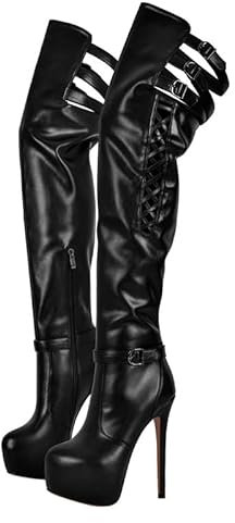 blingqueen Damen Langschaftstiefel Plateau Overknee Stiletto Stiefel Thigh High Boots Lolita Glatt Schwarz 43 EU