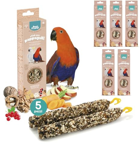 Best Friend - Snack Naturali Cotti al Forno per Pappagalli. Gustosi stick per gli uccelli, ricchi di vitamine con legno di betulla per denti sani | Frutta e Noci, 5 Pack x 165g
