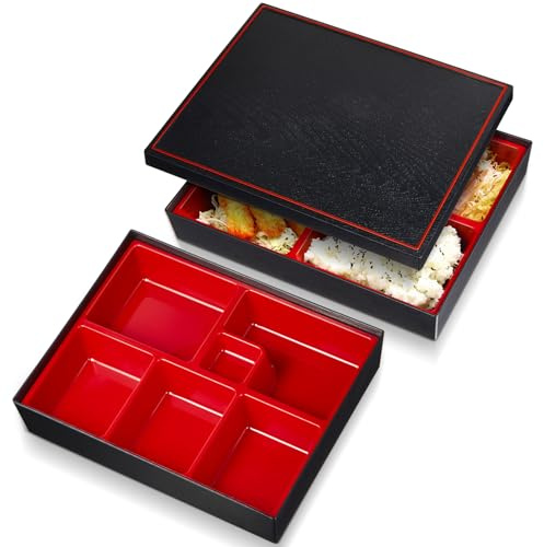 Teenyyou 2 Pcs 12 x 9.5 x 2.2 Inch Japanese Bento Box 6 Compartments Divided Lunch Box with Greaseproof Adult Japanese Bento Lunch Container Sushi Home Restaurant