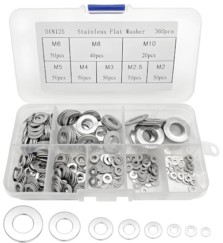 360PCS Flat Washers，Silver Stainless Steel Rustproof Flat Metal Washers，M2/M2.5/M3/M4/M5/M6/M8/M10，Flat Washers for Bolts，Suitable for DIY, Automotive and Marine Applications.