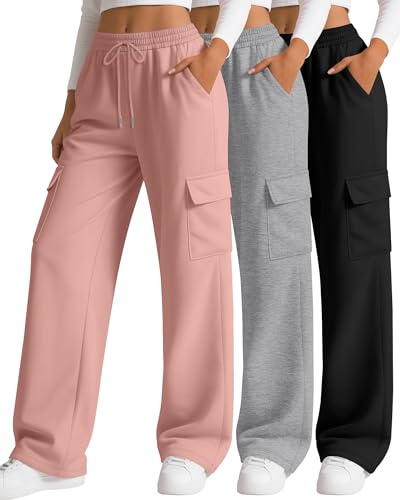 Neer Lot de 3 Jogging Cargo pour Femme Pantalon de Survêtement à Jambes Larges et Ample décontracté et Sportif avec 4 Poches(Nero, Grigio Chiaro, Rosa Antico,M)