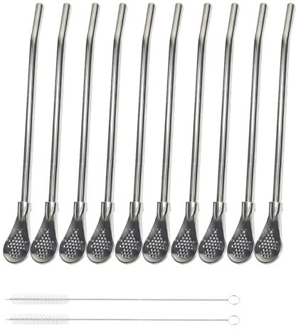 Dstarymnix pailles cuillère en acier inoxydable,pailles cuillère,paille avec filtre,pour Thé en Vrac,Café, Boissons Chaudes et Froides,paille reutilisable,pailles écologiques inox,avec 2 Brosses