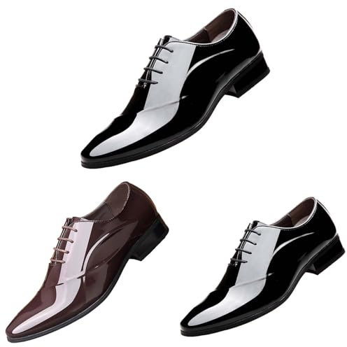 Zapatos Oxford de charol para hombre, clásicos, con cordones, cómodos, forro de piel suave, puntera puntiaguda, zapatos de tacón bajo para vestido formal de negocios con suela antideslizante, Black