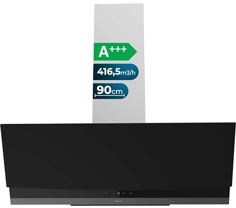 Cecotec Cappa Aspirante 90cm Decorativa Bolero Flux DT 904400 Matt Black A+++. Aspirazione 416,5m³/h, 3 Velocità, Basso Consumo, Motore DC, Controllo del Movimento e Touch, Vetro Opaco, Corpo Inox