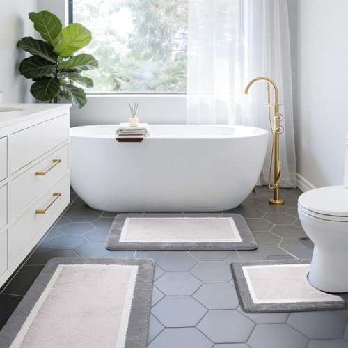 Letopati Bath Mat Sets 3 Piece, Non Slip Rubber Backing Bath Mats for Bathroom Floor, Extra Soft Microfiber Bathroom Mat and Toilet Mat, Absorbent Washable Light Grey Bath Rug Sets