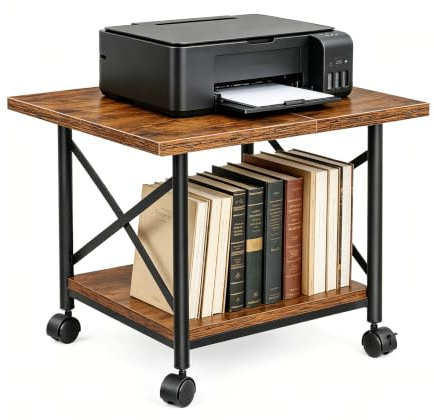 leafence 2-Tier Printer Stand with Storage Shelf, Rolling Printer Cart | 18.9 x 15.7 in top, X-brace frame, casters and fixed feet, lower storage shelf for paper, books, and office supplies.