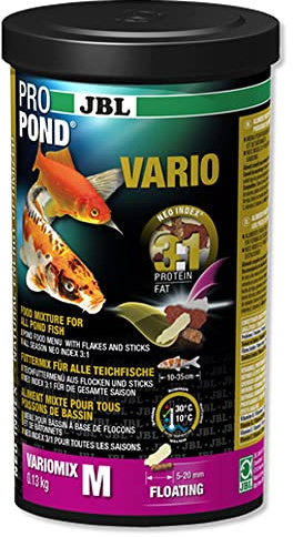 JBL Futter für alle Teichfische, Schwimmendes Futtermenü aus Flocken und Sticks, Spezialfutter, PROPOND VARIO, Größe M, 130 g