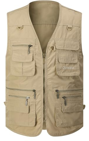 Gihuo Men's Fishing Vest Utility Safari Travel Vest with Pockets Outdoor Work Photo Cargo Fly Summer Vest (Large, Khaki)