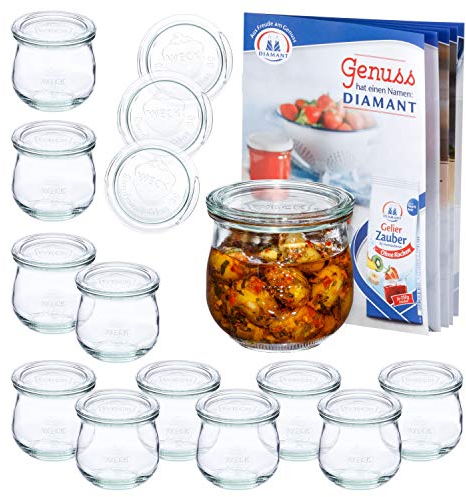 MamboCat 12er Set WECK-Tulpenglas 370 ml + 12 Glas-Deckel RR80 + Rezeptheft | Marmeladen-Gläschen klar | Ø 9 cm | Einmachen, Einkochen & Konservieren | Einweck-Zubehör
