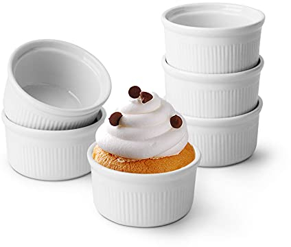 ComSaf 6 Stück Soufflé Förmchen, 85 ml Creme Brulee Schälchen aus Keramik, Mini kleine Auflaufform für Souffle, Creme Brulee, Fondants Muffins - Souffle Förmchen Backofenfest Weiß