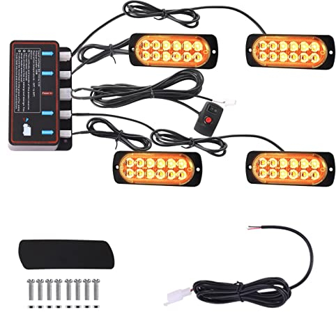 Rarurko 12V/24V LEDs Feux de Pénétration,4x12 LED Lumières Stroboscopiques de Voiture Gyrophare LED Orange Lumières d'Urgence Strobe Clignotants Auto pour Van Camion Tractopelle