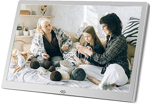KASTISS 14 Digitaler Fotorahmen 1280x800 Elektronischer Fotorahmen, HD-Bild-Musik-Video-Funktion, Foto-/Musik-/Video-Player/Kalender/Wecker, USB/SD-Kartenunterstützung, Fernbedienung (Silber)