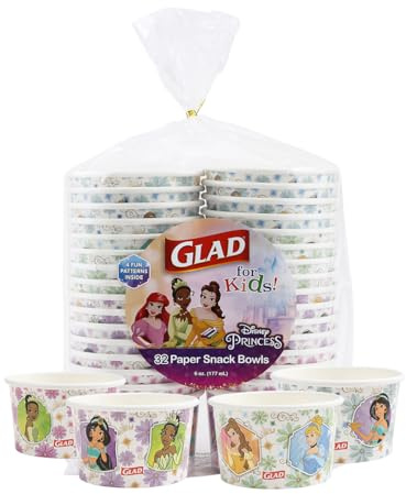 Glad for Kids Disney Princess Disposable Paper Snack Bowls, Lids Not Included, Floral Frames - Heavy Duty, Microwavable, Disposable Snack Cups with Lid for Soup or Ice Cream, 6 Oz, 20 Count
