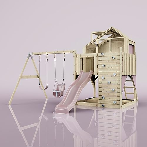 Rebo Spielturm mit Spielhaus inkl. Wellenrutsche und 2X Kinder-Schaukel, Outdoor Klettergerüst Garten,Altrosa