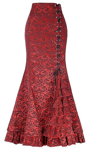 AYAZER Abito da Donna alla Moda Stile Punk retrò a Sirena Jacquard Halloween Gotico Vittoriano Steampunk Lungo Slim Fit Sirena con Volant a Strati-Gonna Rossa-L
