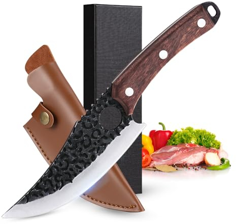 TELANKS Handgemachte Japanisches Messer, Messer Japan Original, Ausbeinmesser mit Lederhülle, Scharf Grillmesser (Gehämmertes Ausbeinmesser)