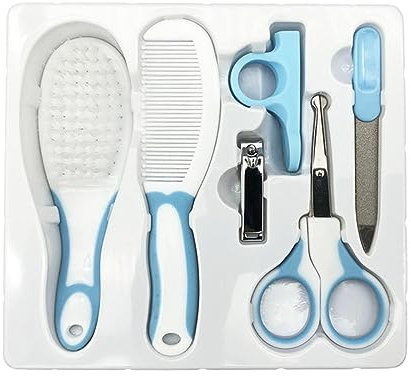 6 Piezas Accesorios para el Cuidado del Bebé, Juego de Cuidado para guardería con Tijera de Seguridad Lima para uñas（Azul）