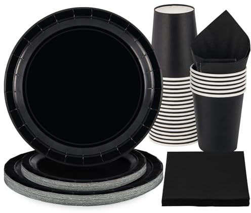 PARTY GO Pappteller Schwarz 96 Stück Partygeschirr Set Bunt Pappteller Set Pappbecher Servietten Party Dekoration Zubehör für Kindergeburtstag Hochzeit Garten Geburtstag Party