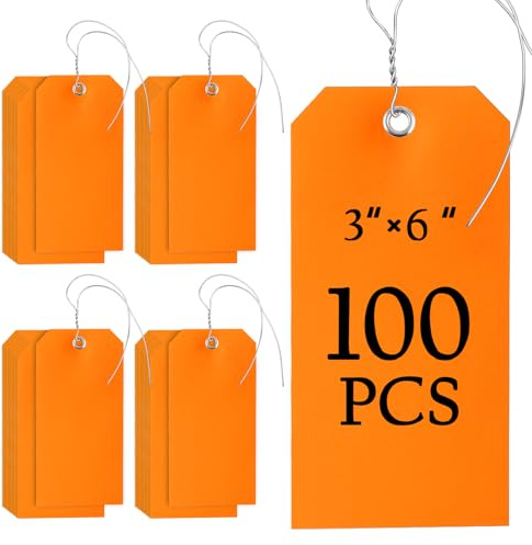 100 etichette grandi in plastica da 7,6 x 15,2 cm, con cordino, resistenti, impermeabili, con cordino attaccato, etichette scrivibili, per bagagli, garage, inventario, parti di auto (arancione)