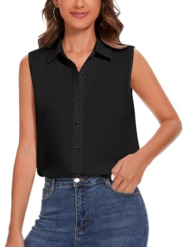 SPRING SEAON Camisas sin mangas con botones para mujer, cuello clásico, blusa básica, camisetas de tirantes, trabajo, oficina, formal, gasa, blusas informales, Negro , M